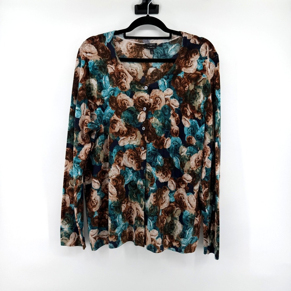 Talbots Cardigan Floral Merino Wool 1X Brown Teal‎ Womens Plus Size Sweater